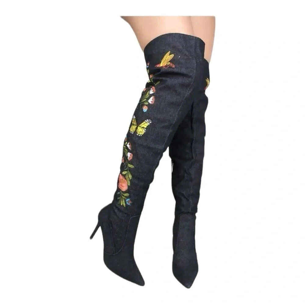 Vintage Denim Over the Knee Slouchy Boot Embroidered Butterflies Point Toe Size7